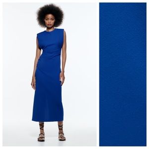 NWT. Zara Royal Blue Draped Sleeveless Midi Dress. Size M.